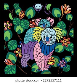 Vector wildlife illustration. Koalas, monkey, leaves, flowers art. Isolated.  Exotic colourful print for colouring page book