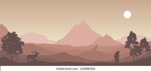 vector wildlife and nature landscape illustration. wolf howling on the hill, bear and elk around trees