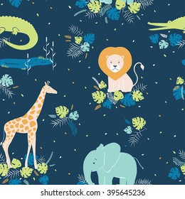 Vector wildlife seamless pattern with tropical animals, elephant, crocodile, lion, giraffe