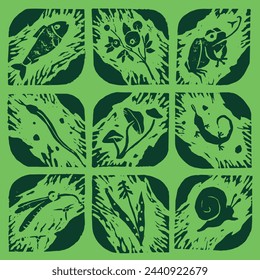 Vector wildlife signs. Hand drawn illustration of animal kingdom, wildlife area emblem. Vector floral drawing. Linoleum print texture. Protected areas symbols design. Engraved wildland icon.