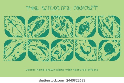 Vector wildlife signs. Hand drawn illustration of animal kingdom, wildlife area emblem. Vector floral drawing. Linoleum print texture. Protected areas symbols design. Engraved wildland icon.