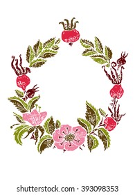 Vector wildrose linocut frame for design birthday or wedding cards