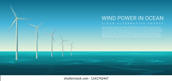 Vector Wind energy power concept poster header with wind turbines in ocean.