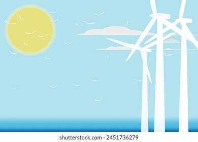 Vector Wind Power Turbines and sun behind	