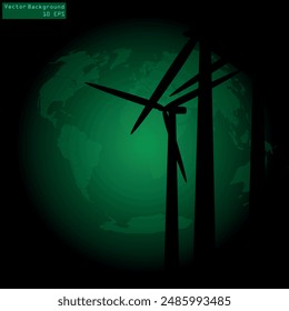 Vector Wind Power Turbines and world map behind