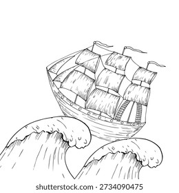 Vector wind sail boat on sea waves. Hand painted linear fishing ship illustration. Graphic monochrome sketch isolated on background. For designers, prints, logo, icon, menu, postcards, holiday, cover