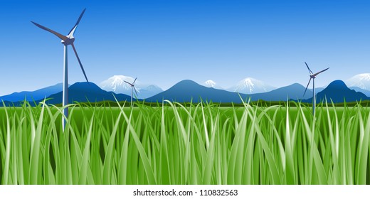 Vector wind turbines against blue sky and snow tops. File EPS(10)