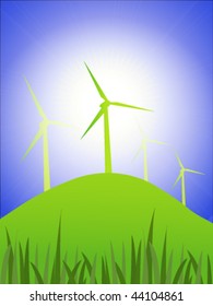 Vector wind turbines on hillside with bright sunshine