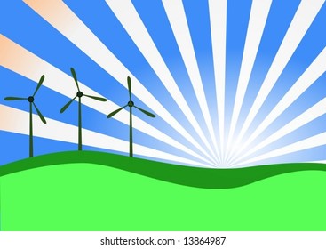 Vector. Wind turbines on sunrise