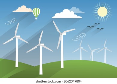 Vector Wind Turbines Power Field Background Illustration. Daylight landscape view. Green Energy and clean environment concept background vector design. windmills, hot air balloon flying in cloudy sky.