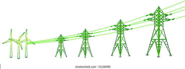 Vector wind turbines with power lines and electric pylons