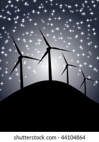 Vector wind turbines under a starry night sky