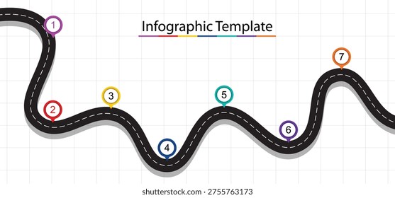 Vector winding road. road infographic with location pin. curve asphalt road path infographic and colorful pin pointers. highway top view. street information concept