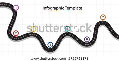 Vector winding road. road infographic with location pin. curve asphalt road path infographic and colorful pin pointers. highway top view. street information concept
