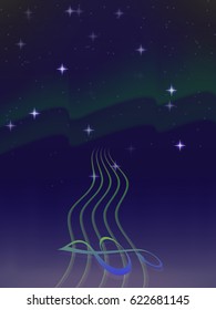 vector winding road from stave on the background of the Northern lights. bright stars. the night sky