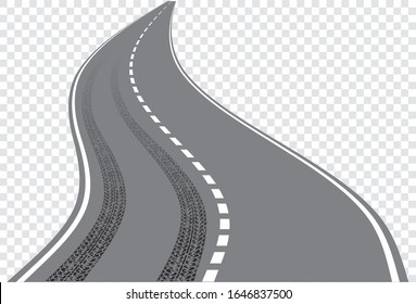 Vector winding road with traces of tire tracks isolated on transparent background.