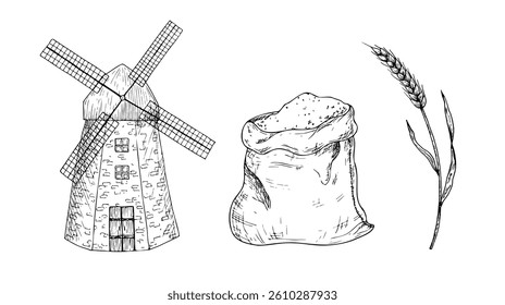 Vector Windmill, fabric canvas bag for food or delivery. Graphic ink bag with flour, ear of wheat, grain illustration isolated on background. Hand drawn line sketch. For designers, prints, logo, icon