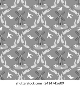 Vector - windmill with grain ear and birds, seamless pattern.