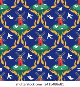 Vector - windmill with grain ear and birds, seamless pattern.