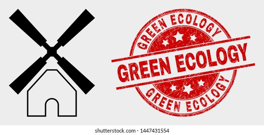 Vector windmill icon and Green Ecology seal stamp. Red rounded scratched seal stamp with Green Ecology caption. Vector composition for windmill in flat style. Black isolated windmill icon.