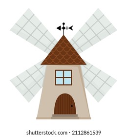 Vector Windmill Icon Isolated On White Background. Flat Wind Mill Illustration. Cute Farm House For Grinding Grain. Rural Or Garden Outhouse Picture
