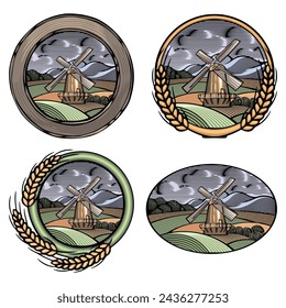 Vector windmill illustration set in woodcut style. Off-grid organic farming and renewable energy concept.