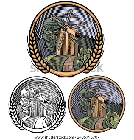 Vector windmill illustration set in woodcut style. Off-grid organic farming and renewable energy concept.
