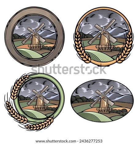 Vector windmill illustration set in woodcut style. Off-grid organic farming and renewable energy concept.
