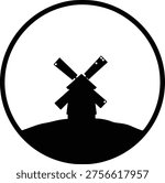 Vector windmill on hill enclosed in circle silhouette illustration