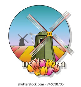 Vector Windmill and Tulips Composition 