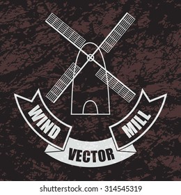 Vector windmill with wheat ears on dark brown grunge background, element for the menu, restaurants, bakery and beer pub