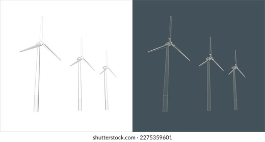 Vector windmill Wind turbine line Wire-frame style . Alternative renewable power generator - green energy 