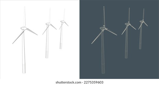 Vector windmill Wind turbine line Wire-frame style . Alternative renewable power generator - green energy 