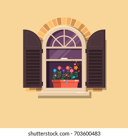 Vector window with brown shutters and flower pots on a brick wall.Cute summer illustration.