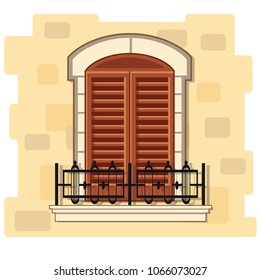 Vector window with brown shutters and 	wrought iron fence. Cartoon house element on an yellow brick wall. Cute summer illustration. European street