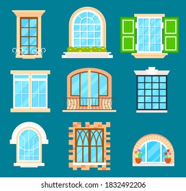 Vector window collection. Home, office or store building interior and exterior architectural design element illustration. Vector glass window with plastic or wooden frame different shape collection