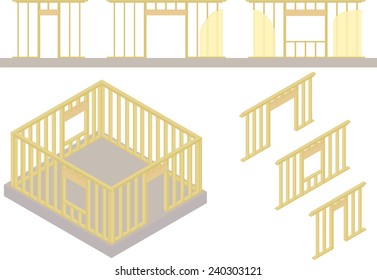 Vector of window and door frames on concrete foundation. House wood frame construction.