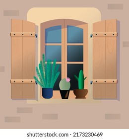 Vector window with flowers, pot plant, cactus. Open window illustpation