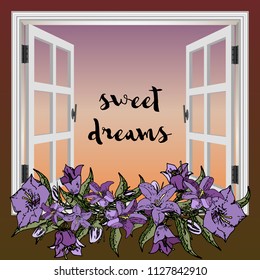 Vector window with flowers sunset.