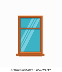 Vector window with glass and wooden frame on a brick wall. Cartoon facade house outside design element. City street wall exterior illustration 