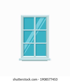 Vector window with glass and wooden frame on a brick wall. Cartoon facade house outside design element. City street wall exterior illustration 