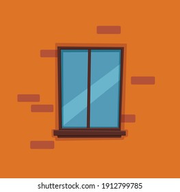 Vector window with glass and wooden frame on a brick wall. Cartoon facade house outside design element. City street wall exterior illustration 