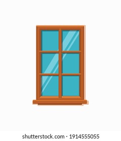 Vector window with glass and wooden frame on a brick wall. Cartoon facade house outside design element. City street wall exterior illustration 