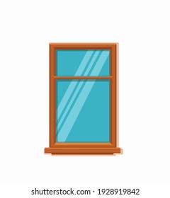 Vector window with glass and wooden frame on a brick wall. Cartoon facade house outside design element. City street wall exterior illustration 