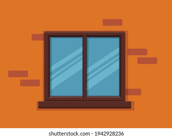 Vector window with glass and wooden frame on a brick wall. Cartoon facade house outside design element. City street wall exterior illustration 