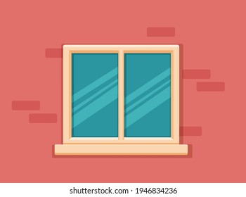 Vector window with glass and wooden frame on a brick wall. Cartoon facade house outside design element. City street wall exterior illustration 