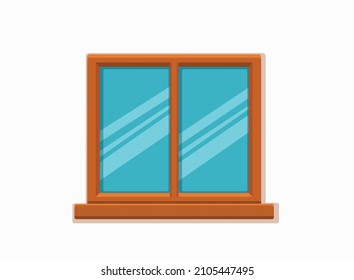 Vector window with glass and wooden frame on a brick wall. Cartoon facade house outside design element. City street wall exterior illustration 