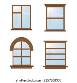 Vektorfenster mit Glas und Holzrahmen und mit Sonnenstrahlen. Cartoon House Fassade Außendesign Element. Außenwand der Stadtstraße