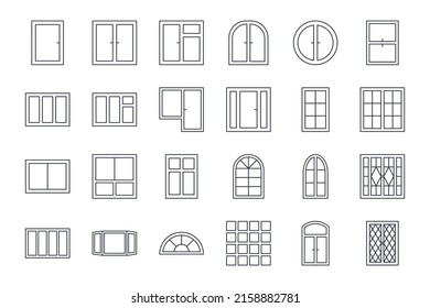 Vector window icons. Editable stroke. Set line architectural symbols. Elements of interior buildings. Round arched french frames. Single double glass block with a door