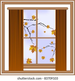 vector window with maple branch behind it
